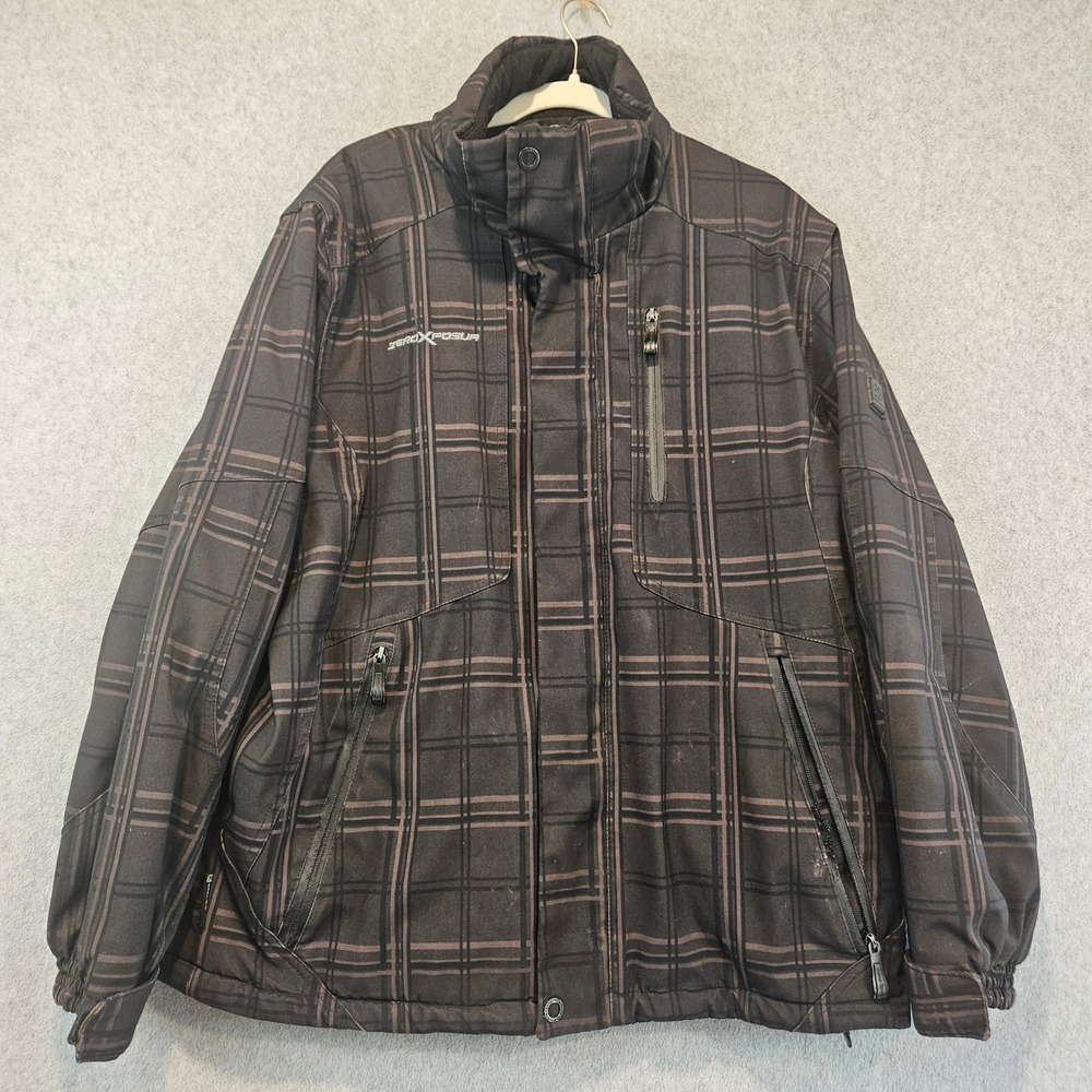 ZEROXPOSUR Winter Jacket Mens L Brown Plaid Pockets Full Zip Outdoor Snow Coat